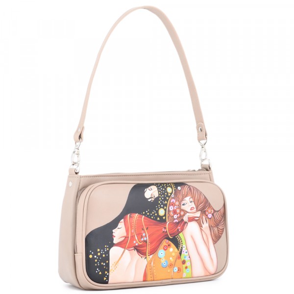 Женская кожаная сумка "Эмма" "Девушки Климт" (бежевый). фото 1