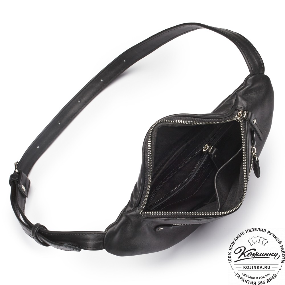 Кожаная сумка на пояс "Сандро" (чёрная гладкая кожа) 