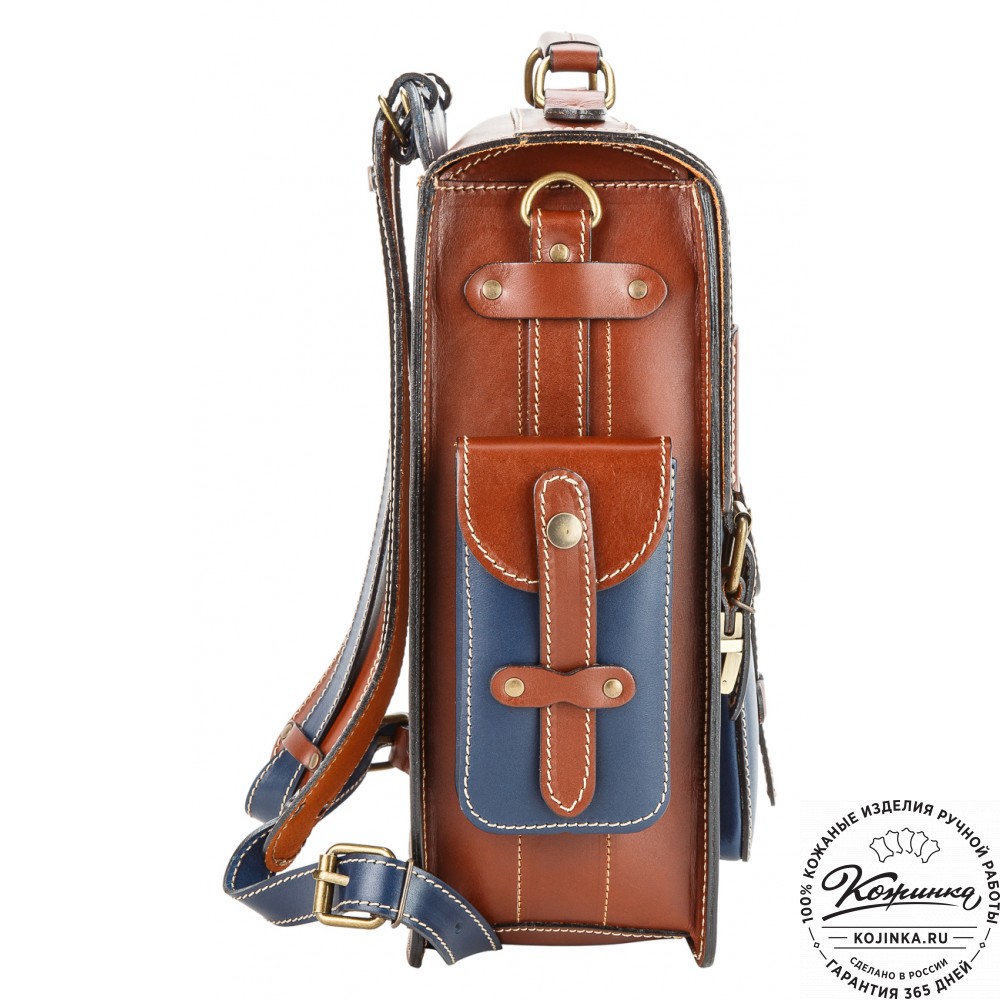 Кожаный ранец-портфель "Джон" (коричневый с синим)
