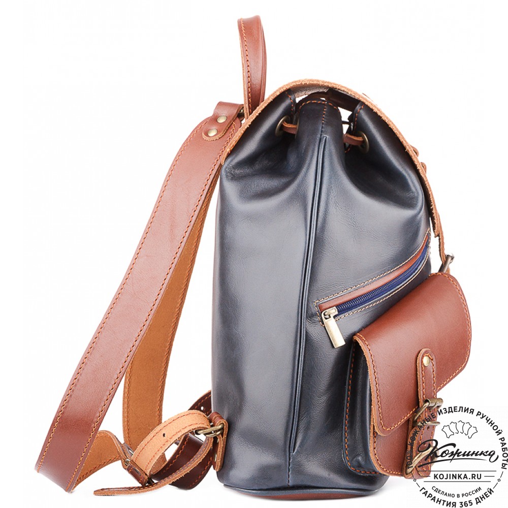 Кожаный рюкзак "Пилот" (синий с коричневым)