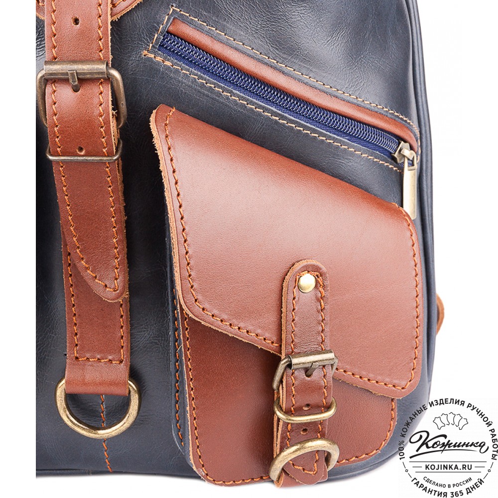 Кожаный рюкзак "Пилот" (синий с коричневым)