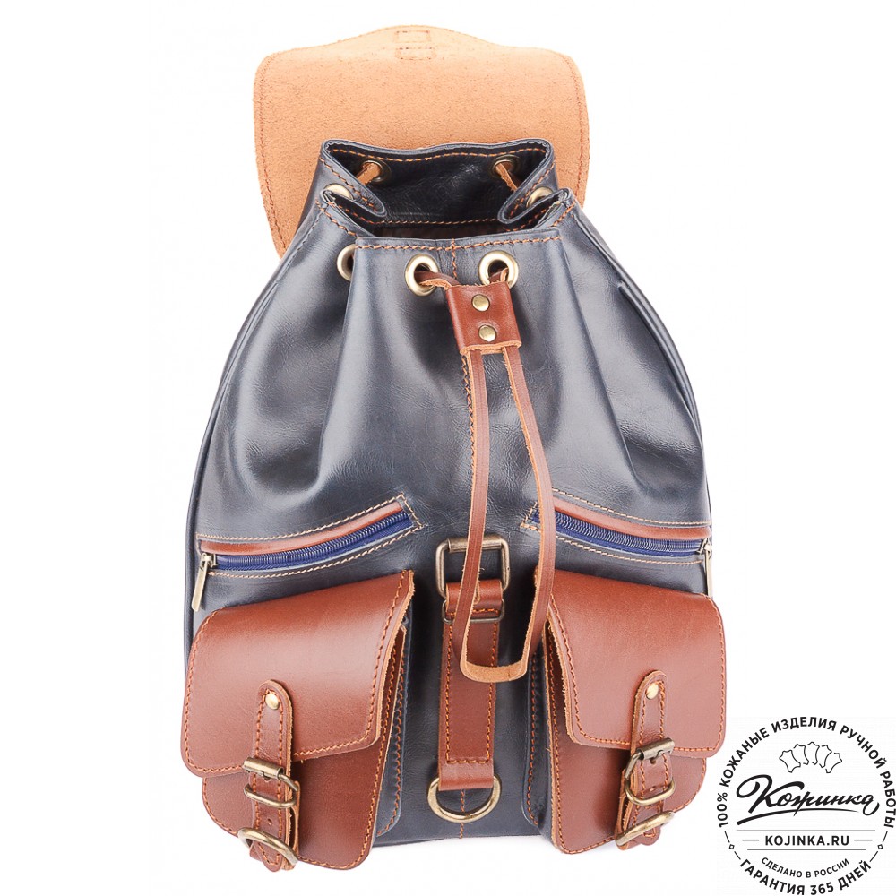 Кожаный рюкзак "Пилот" (синий с коричневым)