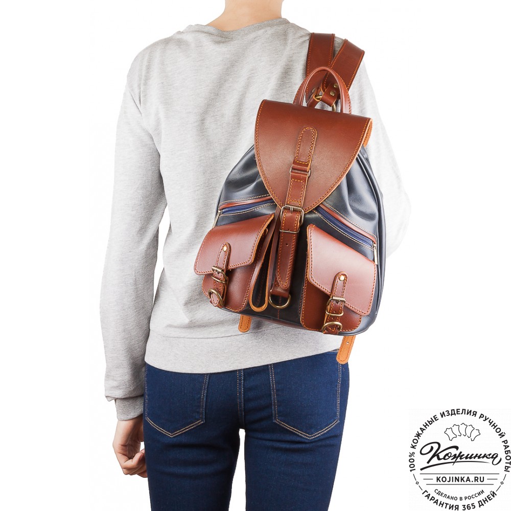 Кожаный рюкзак "Пилот" (синий с коричневым)