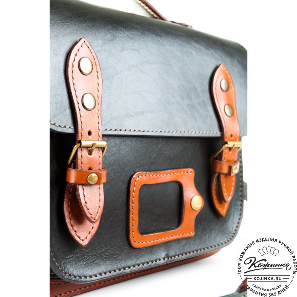 Кожаный портфель "Сатчел"  (чёрный с рыжим)